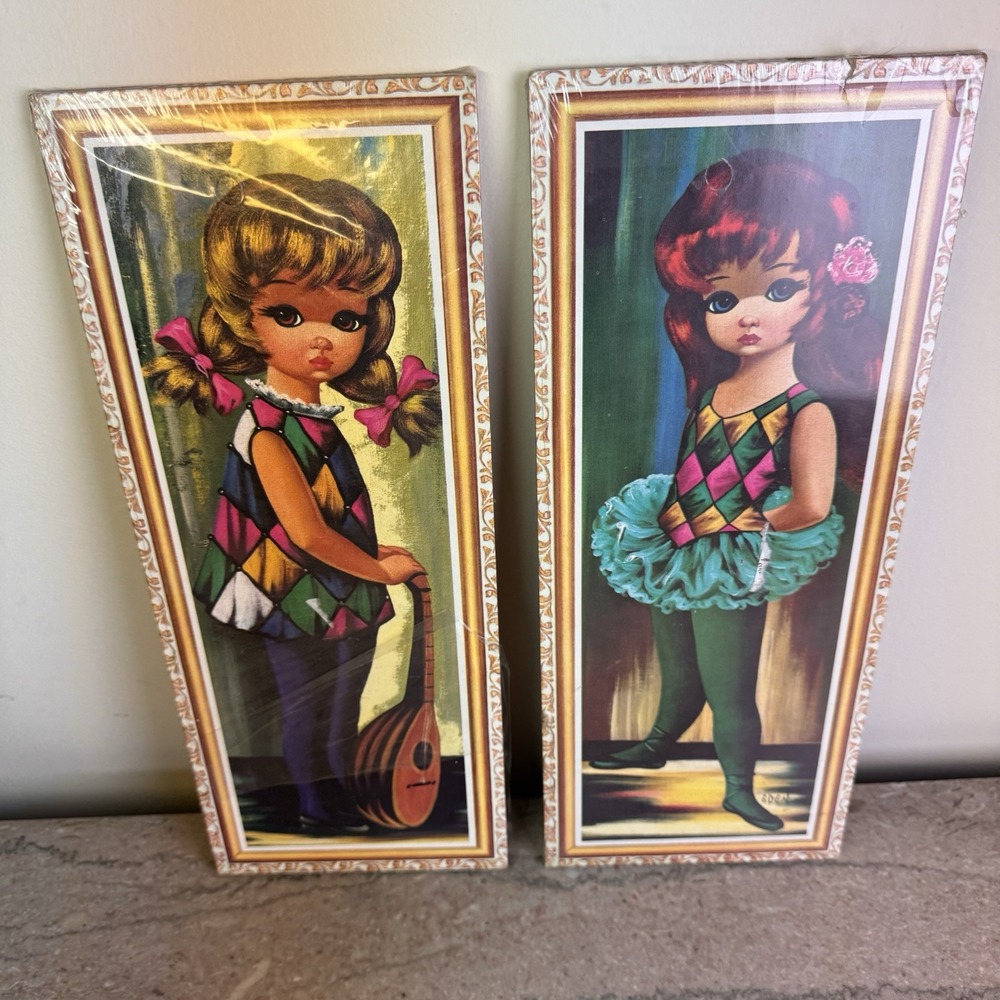 Vintage Mid Century Modern  Eden Moppet Sad Big Eyed Girl Prints Pair Ballerina